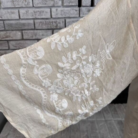 Boutique lightweight gauzy embroidered cream beachy coverup kaftan OS Large - Picture 4 of 13
